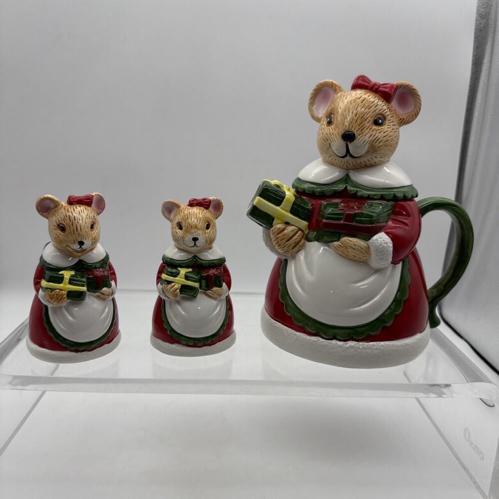 Vtg Mrs Christmas Mother Mouse Tea Set TEAPOT Sugar Bowl & Creamer In Box